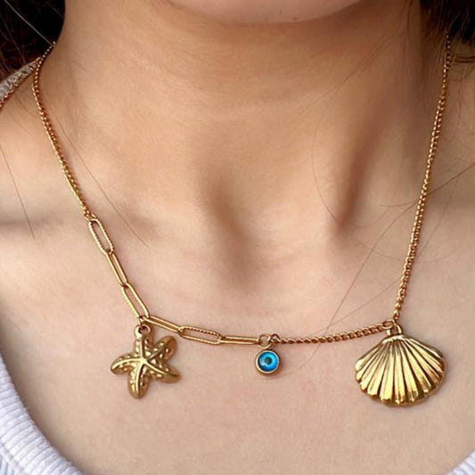 Golden Seashell & Starfish Necklace