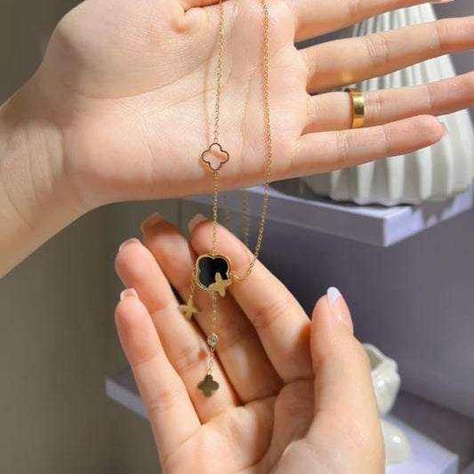 Lucky Clover Necklace Set Silver Tone