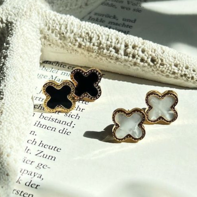 Four Leaf Clover Stud Earrings Black & White