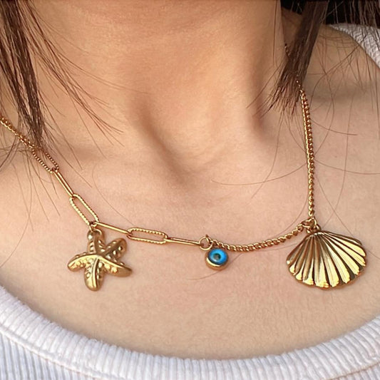 Golden Seashell & Starfish Necklace