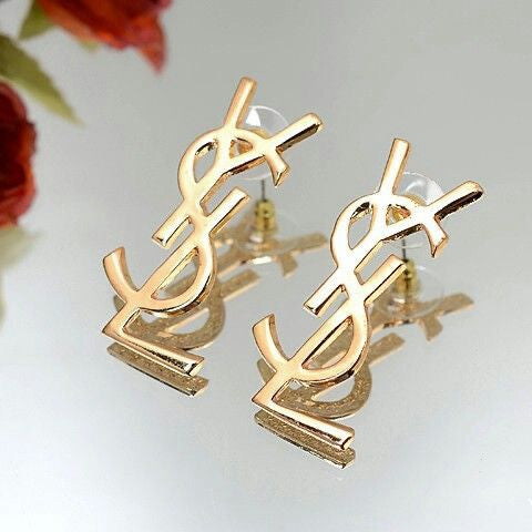 Gold YSL Logo Stud Earrings