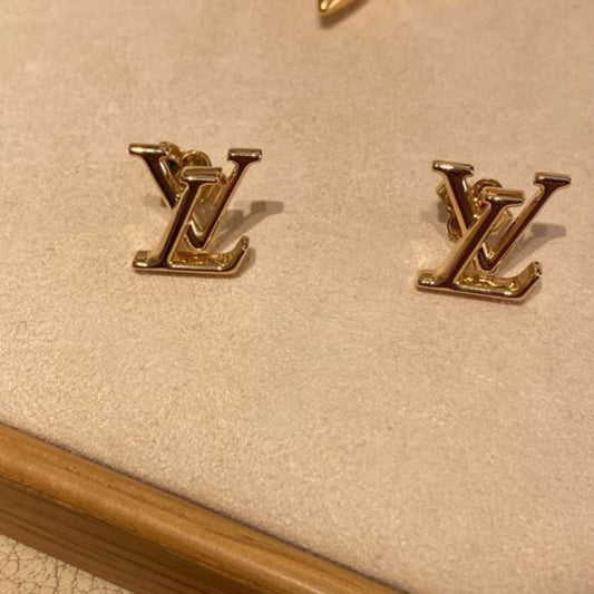 Gold LV Logo Stud Earrings