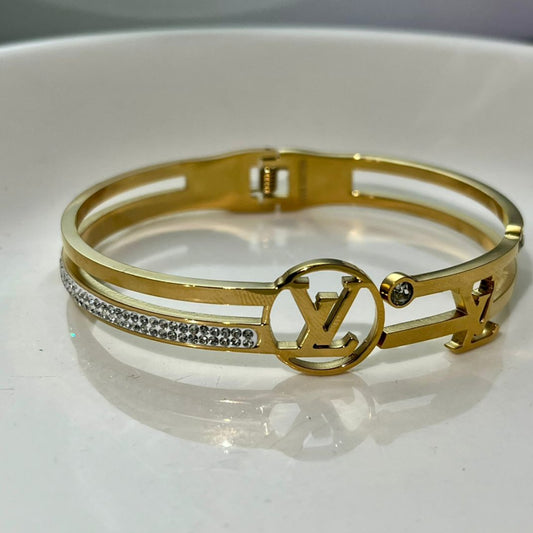 Gold Designer Style Bangle Bracelet with Crystals