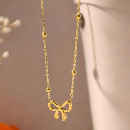 Dainty Bow Charm Necklace  Gold